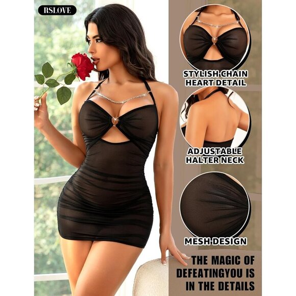 🆕 Women Black Halter Babydoll Sexy Lingerie Dress Mesh Chemise Nightdress Chain - Picture 3 of 5